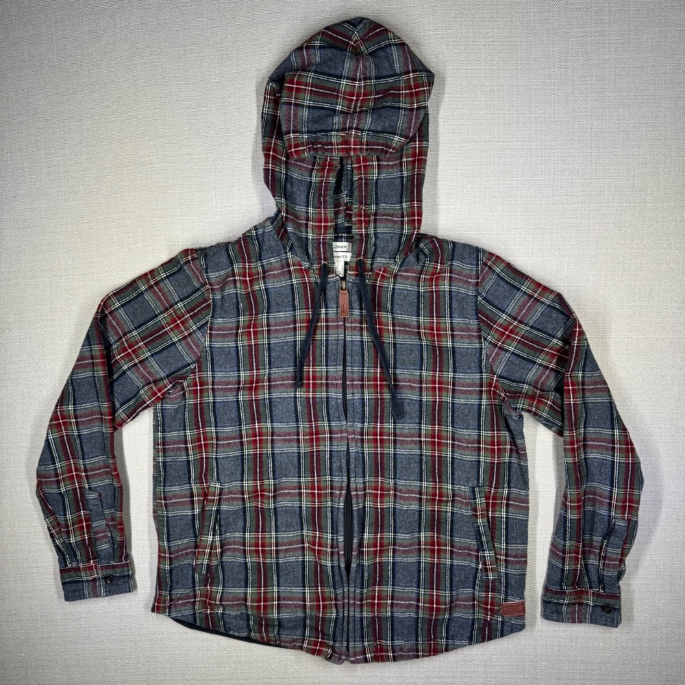 L.L. Bean Womens Scotch Plaid Flannel Full Zip Hoodie Size Small Petite Gray